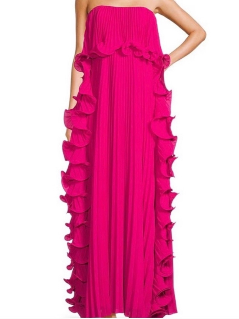 Badgley Mischka Strapless Ruffle-Trim Pleated Gown